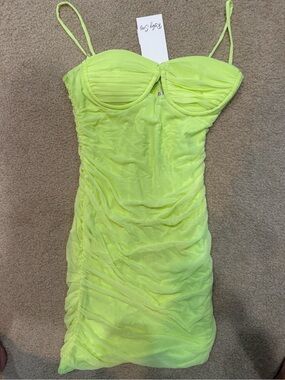 Neon Lime Spaghetti-Strap Ruched Mini Dress - Kids